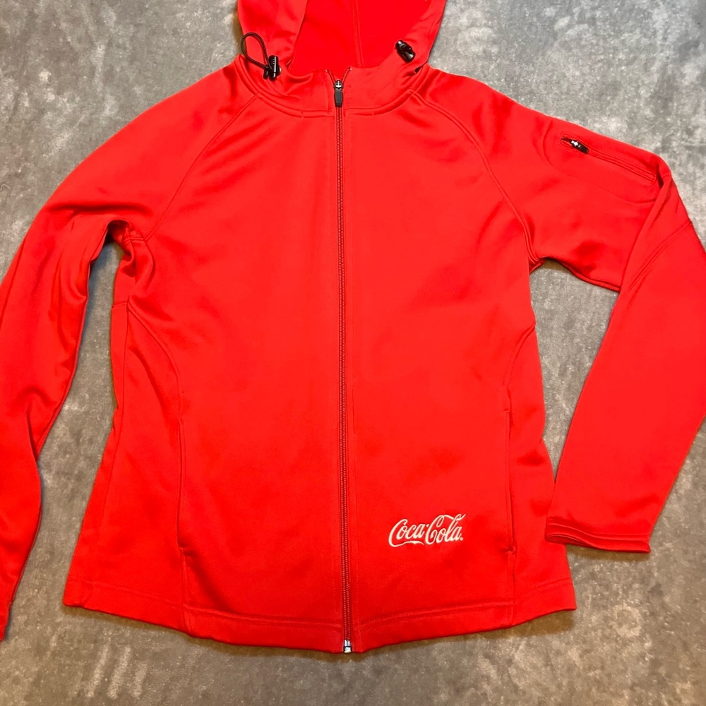 Coca-Cola Sport-Tek Women's Red‎ Utility Jacket Hood Thumb Holed Zip Up Medium